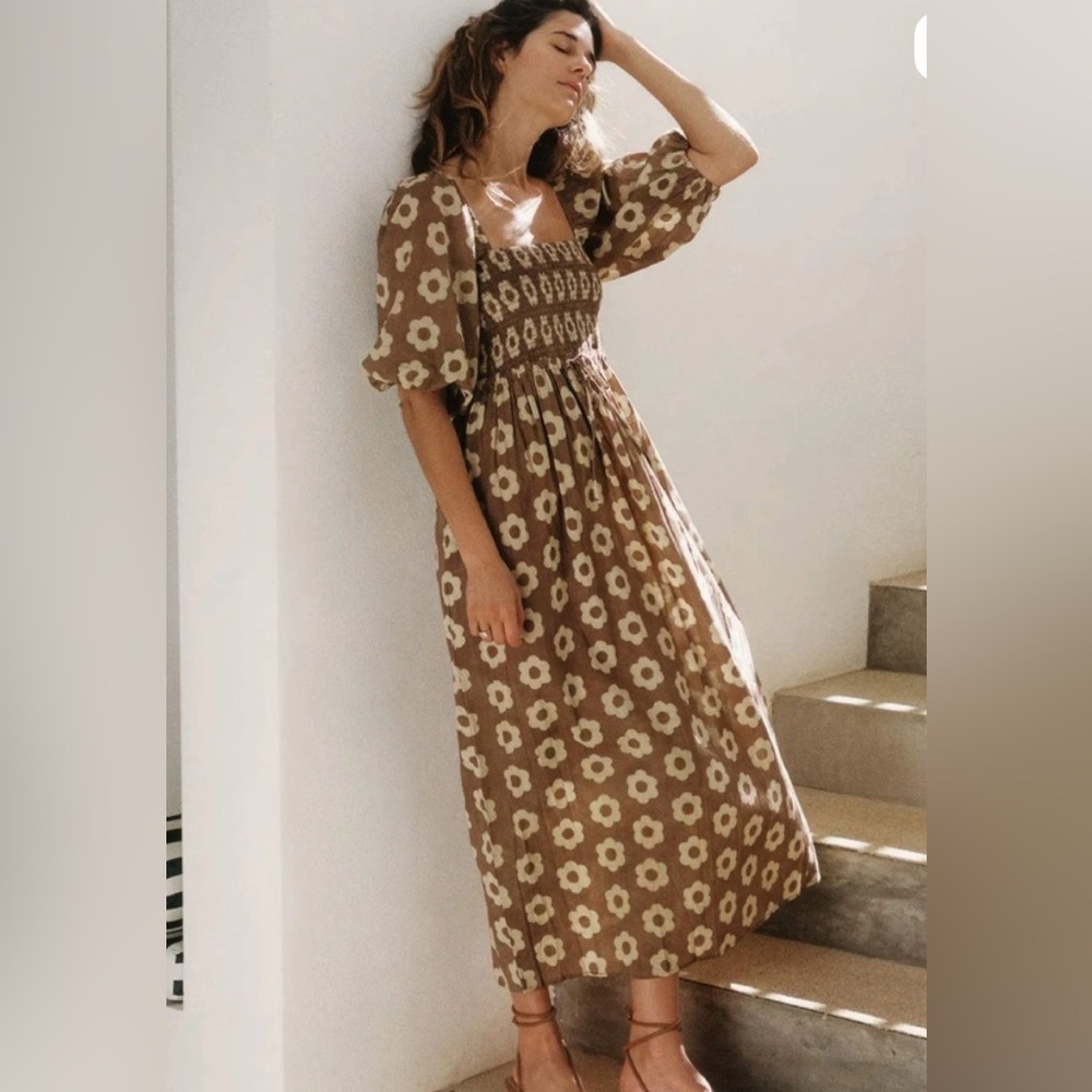 Christy Dawn Katrina Maxi Dress Sz Small Mocha Daisy Puff Sleeve Floral Smocked